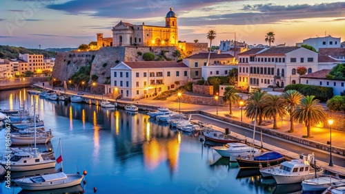 Port of Ciudadela de Menorca at dusk with town hall in background , Ciudadela de Menorca, Spain, Balearic Islands, port, town hall, dusk, tranquil, peaceful, Mediterranean, architecture