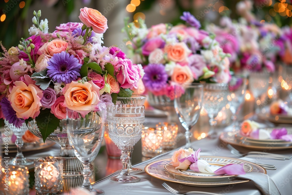 Wedding reception table setting with beautiful flowers, sparkling glassware and dishes Wedding reception table setting with beautiful flowers, sparkling glassware and dishes