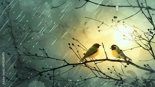 serene birds perched on rainsoaked branches tranquil nature scene illustration photo