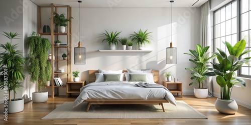Minimalist bedroom with white bedding and green plants , clean, simple, modern, interior, design, bedroom, white, bedding, green, plants, minimalism, decor, cozy, tranquil, serene, peaceful