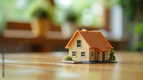 Close-up of a miniature house model on a table