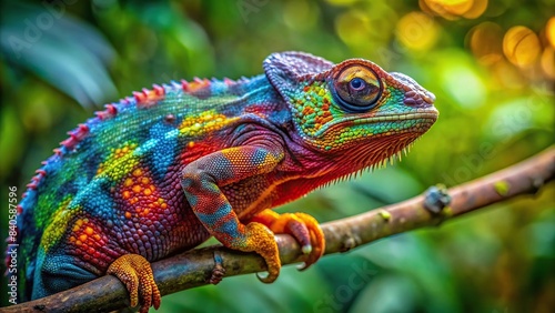 Colorful chameleon perched on branch in the forest, wildlife, chameleon, reptile, colorful, tropical, nature, camouflage, forest, branches, leaves, vibrant, wildlife photography, exotic, tree photo