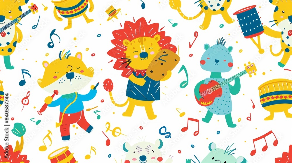 A childish modern modern collection of giraffes, lions, hippos, and elephants dancing to music. Pet cartoon animals play musical instruments. A childish modern modern collection of giraffes, lions, hippos, and elephants dancing to music. Pet cartoon animals play musical instruments.