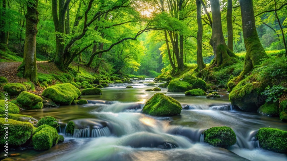 Tranquil stream flowing through lush green forest, nature, serene, water, trees, peaceful, landscape, wilderness, beauty, environment, flow, ecosystem, flora, fauna, tranquility, outdoors