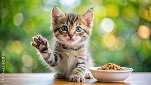 Adorable kitten with a gleeful expression raising paw asking for food , feline, kitten, pet, cute, happy, mealtime, hungry, curious, domestic animal, playful, whiskers, furry, paw, request