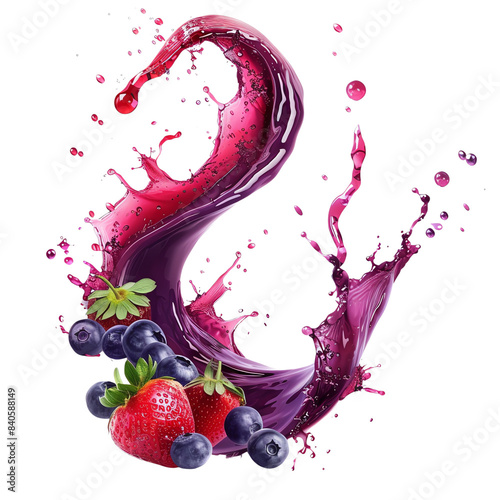 Vibrant splash of berry juice with strawberries and blueberries, capturing the essence of fresh, fruity goodness in vivid colors.