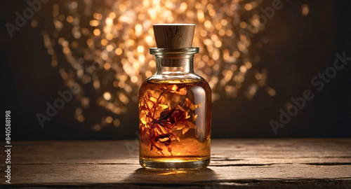 Myrrh essential oil in brown bottle on rustic linen background with myrrh resin. Aromatherapy, natural alternative medicine photo