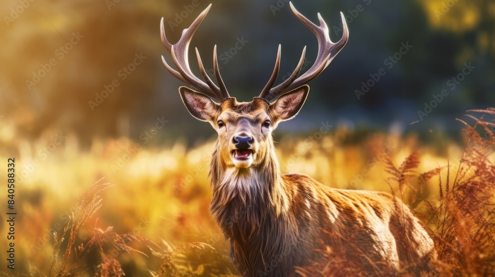 Fototapeta premium Graceful deer standing in a lush green forest, sunlight filtering through the trees, detailed fur and antlers. 