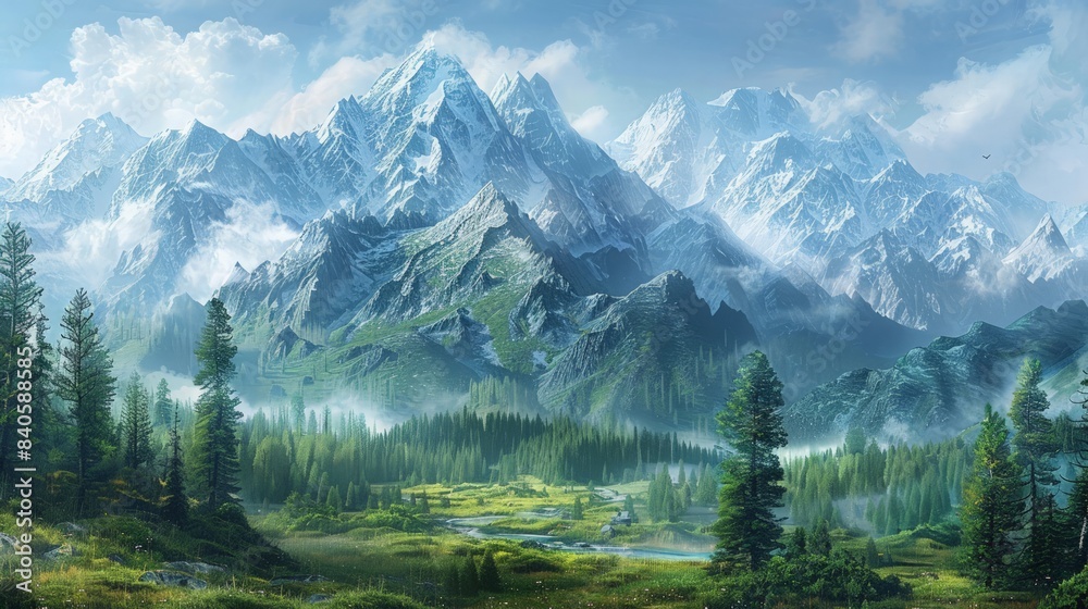 Serene mountain landscape: Illustrate the majestic beauty of a serene mountain landscape.