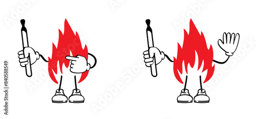 Ablaze mascot, flame with burning hot sparks. Matches, matchstick, lucifer logo. Smoking, fire or flame icon. Match lighted icon. No flames allowed. Stop, do not open fire sign. Matchsticks