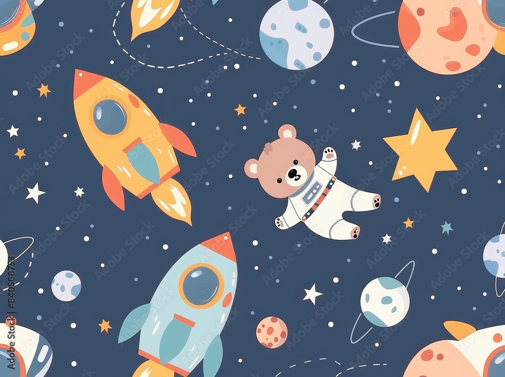 Funny astronaut with outer space transportation seamless pattern Funny astronaut with outer space transportation seamless pattern