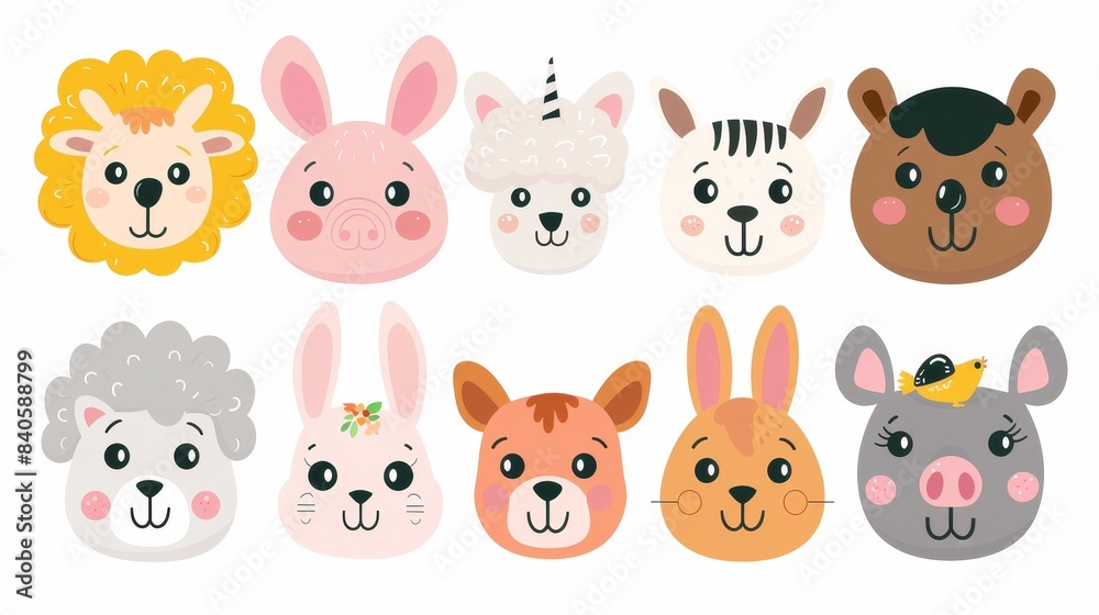 The set contains a variety of happy funny domestic animals or farm pets. Various faces, muzzles, heads or avatars. Cats, dogs, sheep, cows, pigs, rabbits or hares. The set contains a variety of happy funny domestic animals or farm pets. Various faces, muzzles, heads or avatars. Cats, dogs, sheep, cows, pigs, rabbits or hares.