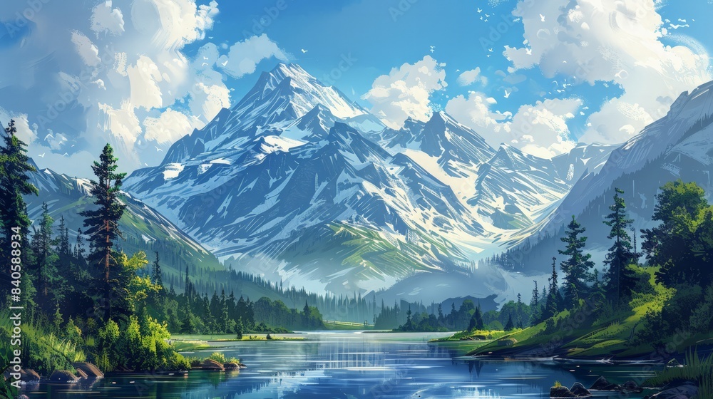 Serene mountain landscape: Illustrate the majestic beauty of a serene mountain landscape. Serene mountain landscape: Illustrate the majestic beauty of a serene mountain landscape.
