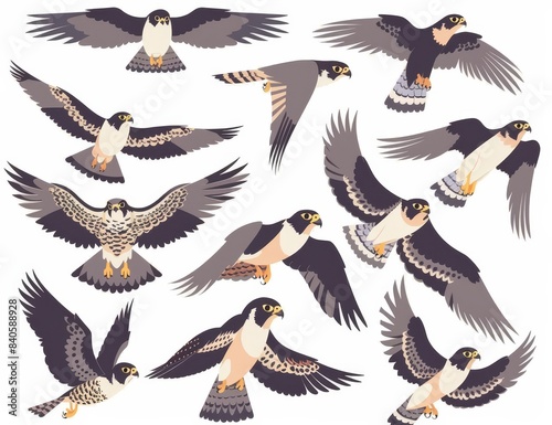 Flat modern illustration of a set of predatory birds of prey, including a cute adult falcon cartoon design. The illustration is isolated on white. photo