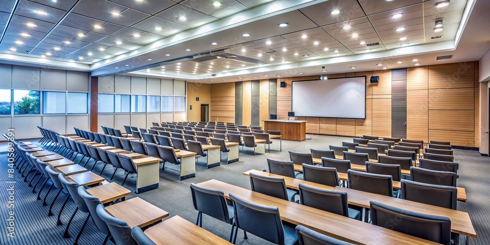 Empty lecture hall for business training seminar , seminar, lecture, training, business, meeting room, empty, chairs, tables, presentation, education, professional, corporate, conference