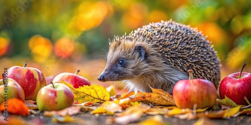 Wild hedgehog foraging for apples in vibrant autumn forest , hedgehog, apple, autumn, forest, wildlife, nature, foraging, spiky, wildlife photography, flora, colors, seasonal, leaves photo