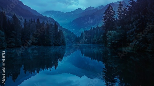 serene midnight reflection of colorful mountain lake and towering trees fantasy aerial view