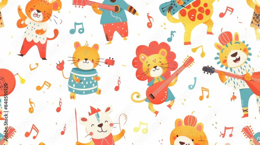 Animated musical dancing animals. Cartoon animals playing musical instruments. Giraffe, lion, hippo, elephant and giraffe performing music. Childish modern collection from now.