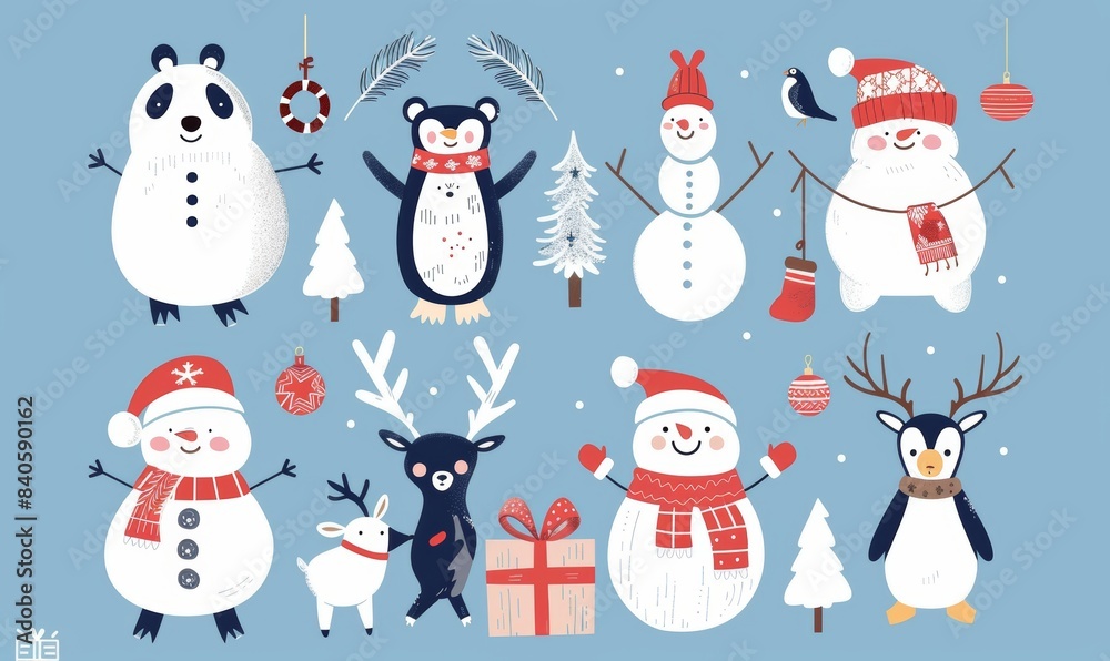 Winter cartoon cute funny animals in Santa hats scarves with presents - polar bears, reindeer, deer, fox, cat, dog, wolf, rabbit, penguin, owl, birds, gnomes.