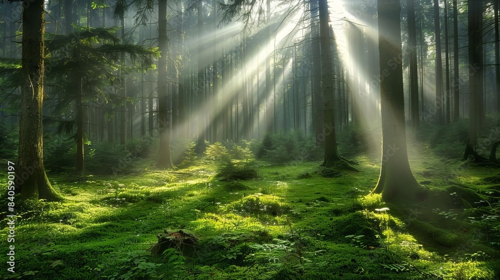 Obraz premium serene misty forest landscape with sunbeams atmospheric nature photography