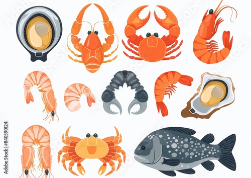 Various seafood cartoon illustrations. Crab, lobster, oyster, fish, tuna, shrimp, mussel, salmon, crayfish and clams isolated on white to represent gourmet food.