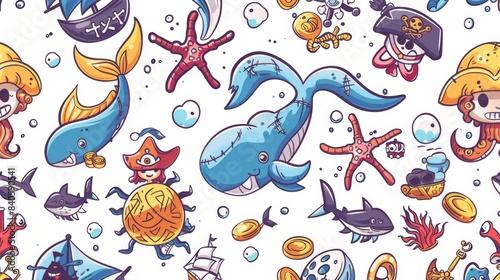 Funny marine animals on a seamless pattern of cartoon pirates