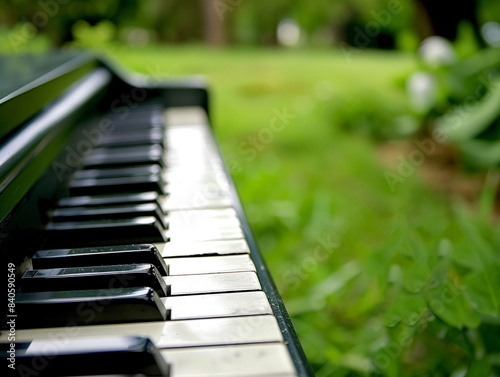 Close-up of piano keys in the foreground, with green grass and trees blurred behind them, creating an outdoor setting. The focus is on one or two black grand-piano keyboard keys. The background featur photo