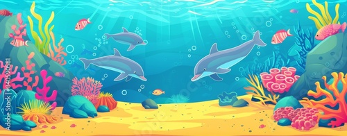 The cartoon modern background has undersea biodiversity  dolphins  octopuses  jellyfish  starfish  and jellyfish on a seafloor. This can be used in banners  arcade games  or as a background for