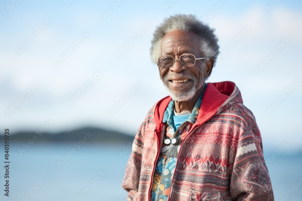 Portrait of a happy afro-american elderly man in his 90s wearing a functional windbreaker isolated on serene seaside background Portrait of a happy afro-american elderly man in his 90s wearing a functional windbreaker isolated on serene seaside background