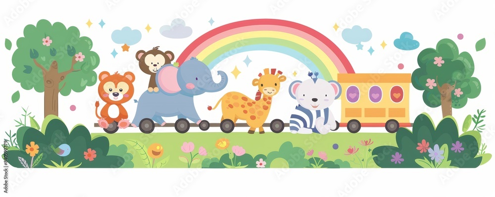 The background of the train shows animals with a rainbow in the background The background of the train shows animals with a rainbow in the background