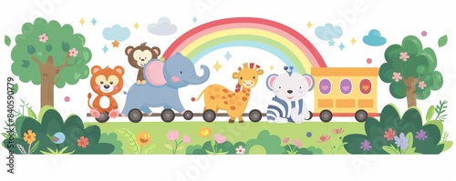 The background of the train shows animals with a rainbow in the background