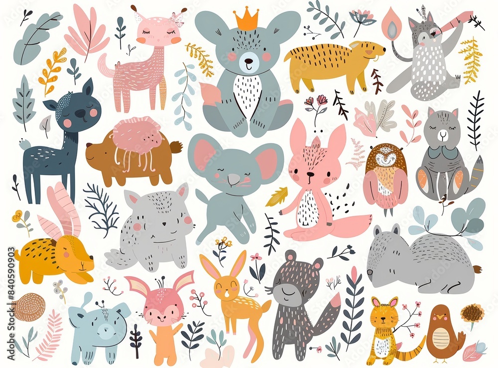 Cartoon collection of wild animals and pets. Handdrawn kids clipart. Modern illustration. Cartoon collection of wild animals and pets. Handdrawn kids clipart. Modern illustration.