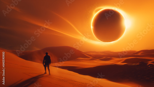 Homme marchant vers un cercle lumineux dans un d  sert apocalyptique.