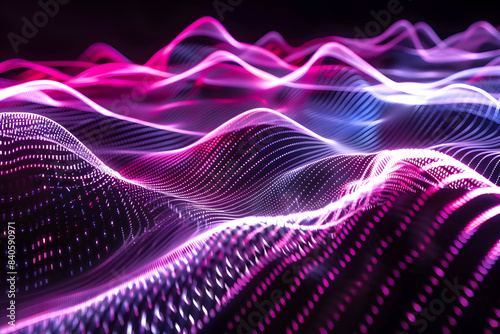 Abstract neon waves with glowing light effects. Striking design on black background.