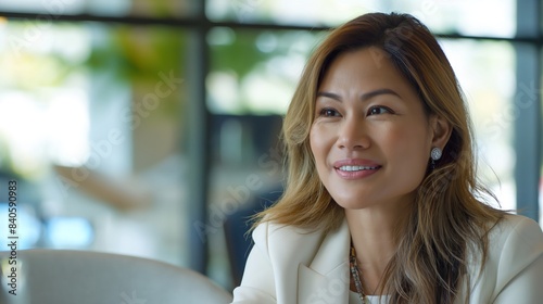 Portrait of filipina woman beautiful business leader, in modern bright office boardroom, professional atmosphere, leadership, diverse workplace, corporate setting.