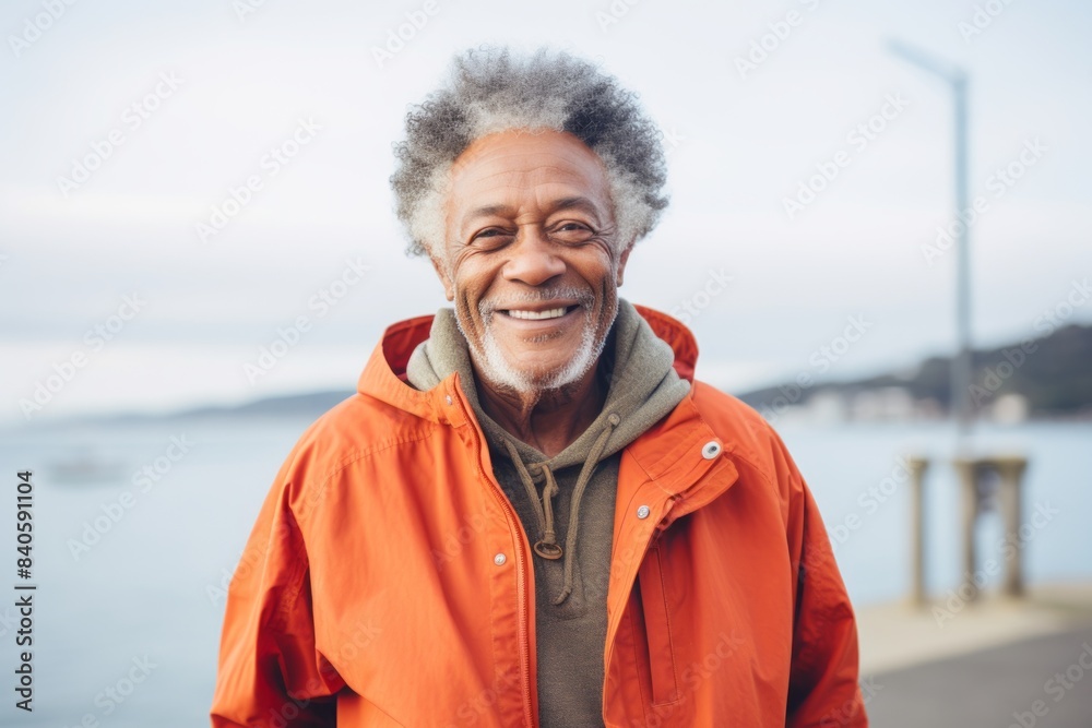 Portrait of a happy afro-american elderly man in his 90s wearing a functional windbreaker in front of serene seaside background Portrait of a happy afro-american elderly man in his 90s wearing a functional windbreaker in front of serene seaside background