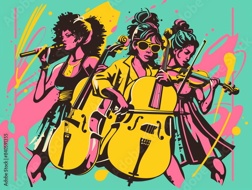 A colorful vector graphic of three women playing cello, in the style of street art, with bold lines, graffiti-inspired illustrations, flat colors, vintage illustration, flat background, 80s retro post