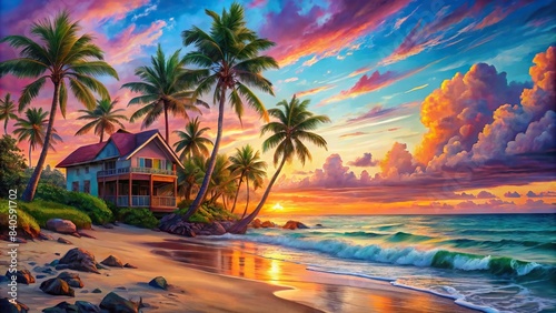 Vibrant beach painting with house  palm trees  orange and pink sky  and blue water  beach  colorful  painting  house  palm trees  orange  pink  sky  blue water  peaceful  relaxing  vibrant