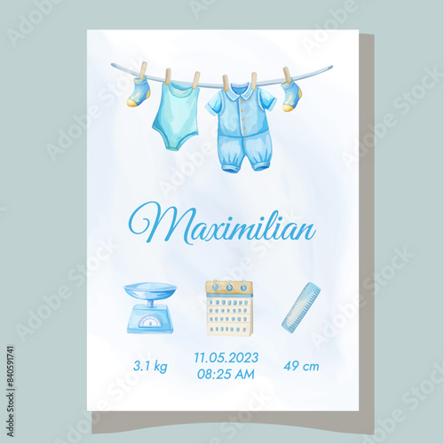 Baby birth details template with baby clothes Nursey decor New born gift It's a boy