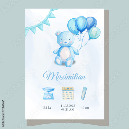 Watercolor baby boy shower invitation with cute bear