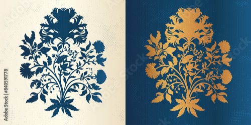 Mughal Art is a traditional silhouette bunch flower of floral ornaments. A gold, blue motif on a isolated background, isolated element. Fantasy traditional bouquet.