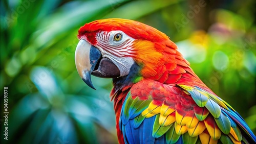 Vibrant tropical macaw perched with colorful feathers in focus , tropical, macaw, bird, parrot, feathers, vibrant, colorful, exotic, wildlife, nature, tropical bird, perched, tropical colors © Sangpan