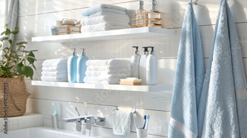 Bathroom with toiletries being arranged on shelves, fresh towels hung up