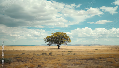 A lone tree stands in a barren  dry field