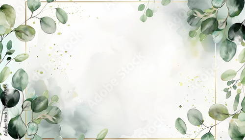 Watercolor eucalyptus leaves with gold frame