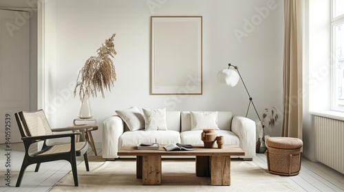 serene scandinavian living room with elegant poster mockup and cozy decor interior design