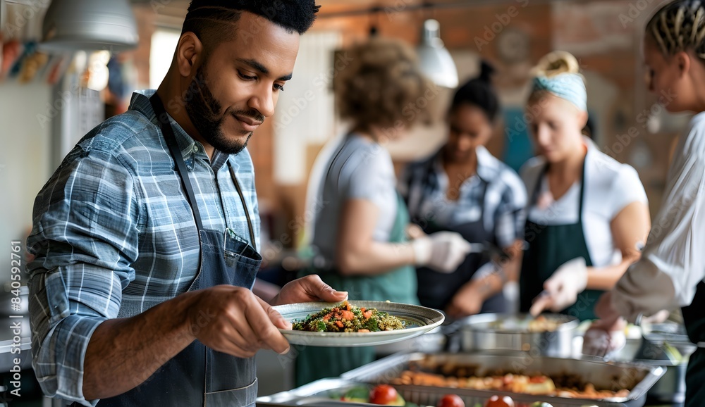 Caring Concept, A man in an apron serving food to people at a community kitchen for homeless and poor people, with a softly focused background Caring Concept, A man in an apron serving food to people at a community kitchen for homeless and poor people, with a softly focused background