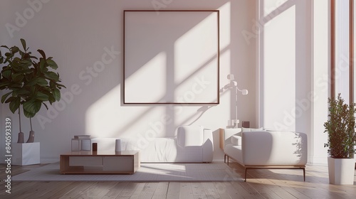 Minimalist modern living space with a rectangular frame mockup  sunlight pouring in  sleek white furniture  and wooden floors  captured from a low wide-angle