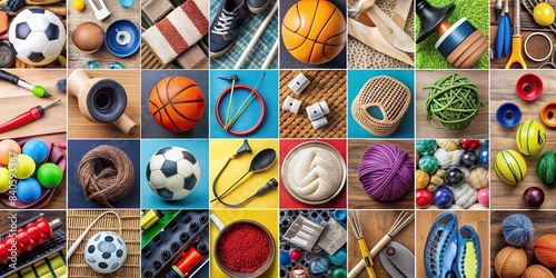 A collage of objects representing various hobbies and activities, hobbies, activities, collage, friends, friendship, leisure, pastimes, interests, sports, games, crafts, outdoor, indoor, fun photo