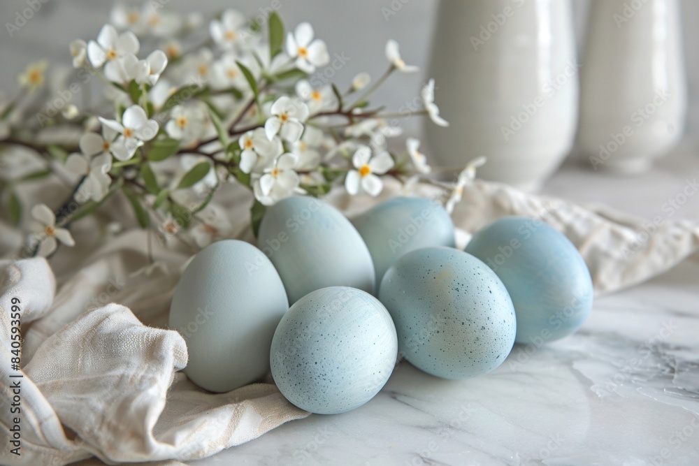 Four eggs on cloth by vase Four eggs on cloth by vase
